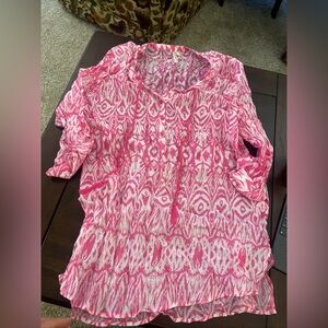 Grand & Greene Top Women’s Large Semi Sheer Pink White 3/4 Sleeve Split Neck Top